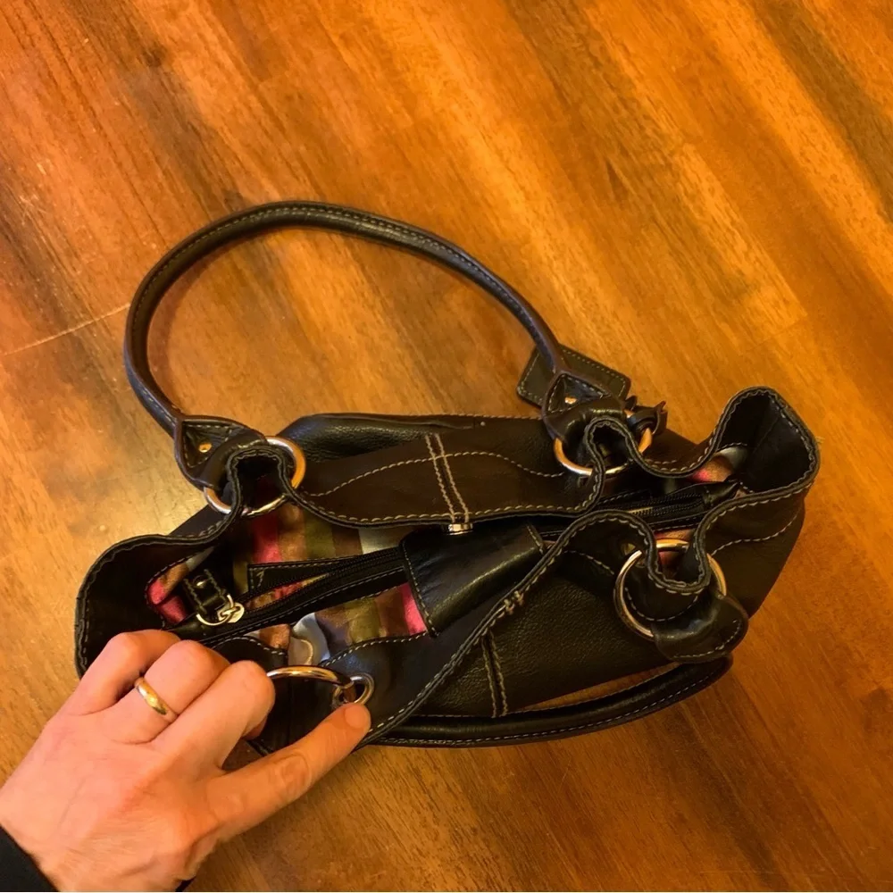 Tignanello Shoulder Bag Black Leather Purse Multi color stripe lining